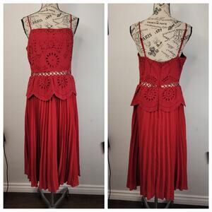 ASOS Design Midi Dress Sz 6Broderie Cami Pleated Skirt Red Burgundy Fairytale